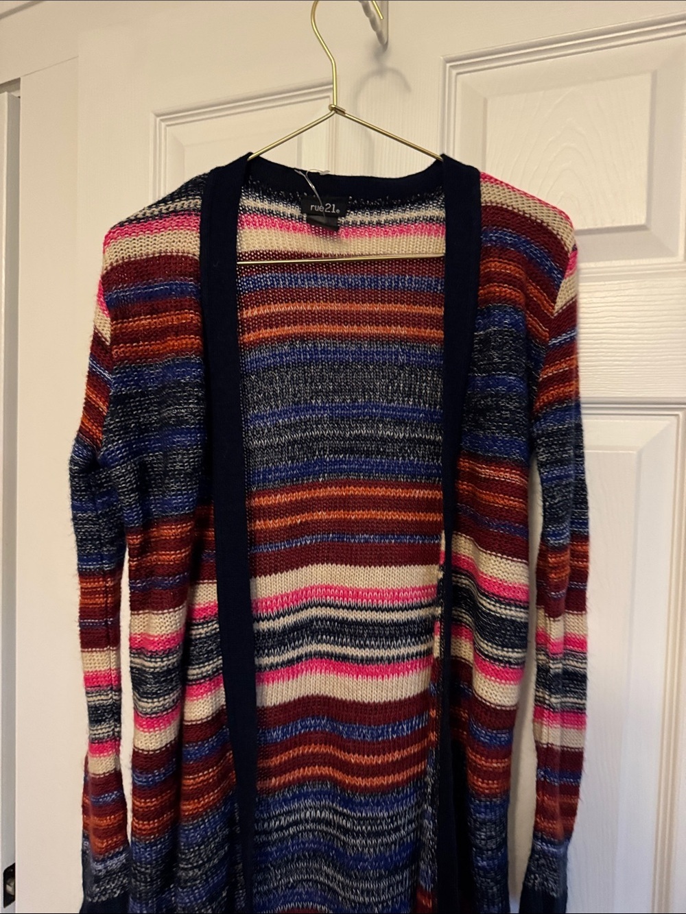 Rue21 Striped Multicolor Open Cardigan with Navy Trim - Picture 4 of 7